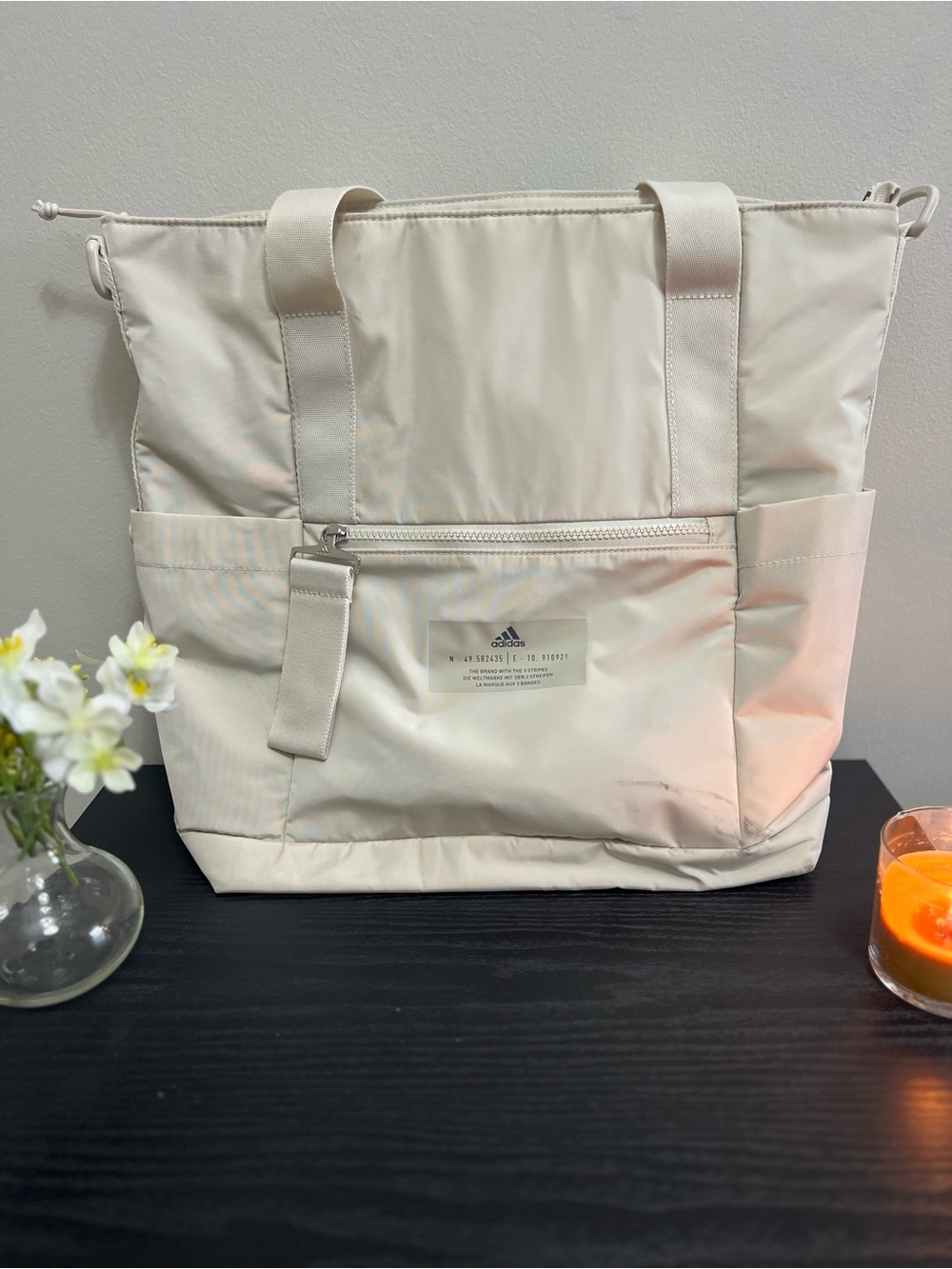 adidas Cream Nylon Tote with Front Zip Pocket